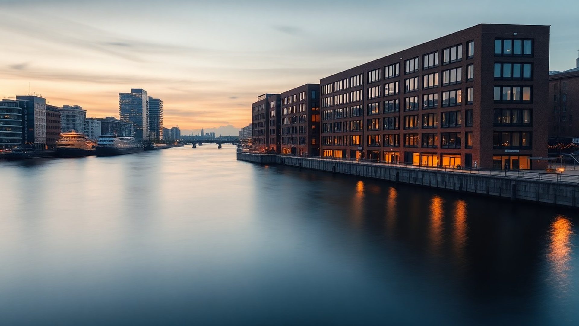 Rotterdamse waterkant bij schemering met zicht op de Maas
