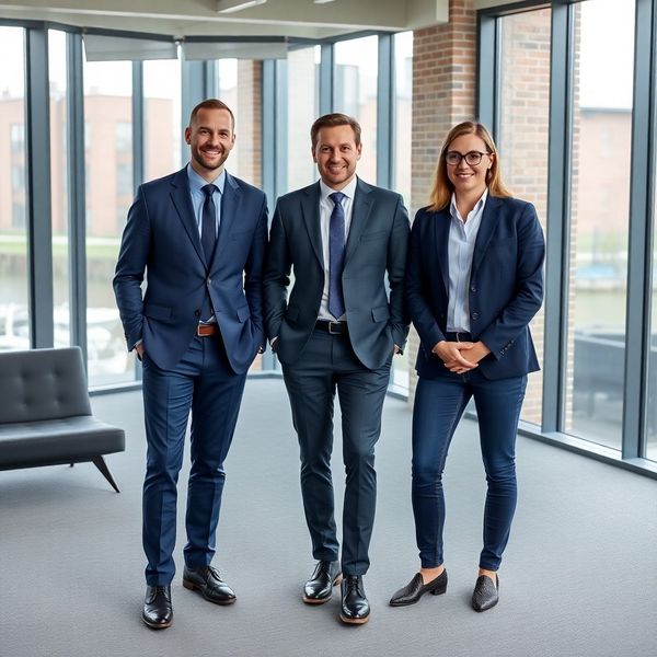 Groepsportret van drie adviseurs in een modern Rotterdams kantoor met uitzicht op de Maas